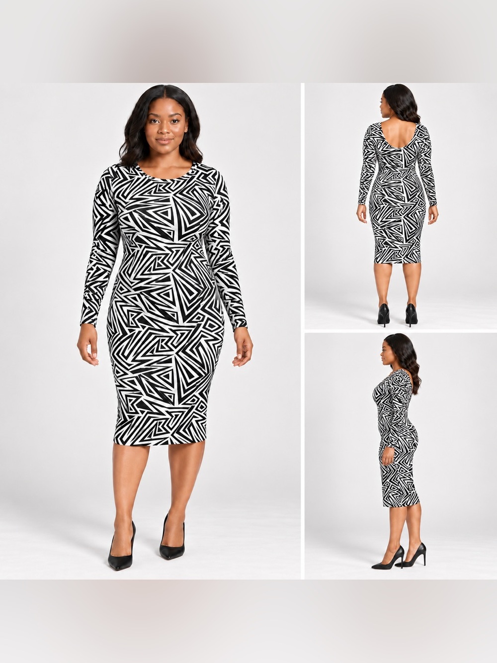 ASOS Black & White Geometric Long Sleeve Midi Dress US 12